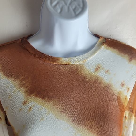 Haute Mode Mesh Brown White tie dye long sleeve top M - Picture 2 of 8
